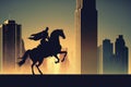 A horseback rider\'s silhouette against a futuristic desert city. illustration painting