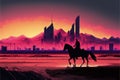 A horseback rider\'s silhouette against a futuristic desert city. illustration painting Royalty Free Stock Photo