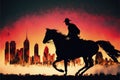 A horseback rider\'s silhouette against a futuristic desert city. illustration painting