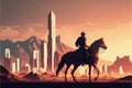 A horseback rider\'s silhouette against a futuristic desert city. illustration painting Royalty Free Stock Photo