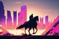 A horseback rider\'s silhouette against a futuristic desert city. illustration painting