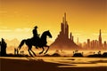 A horseback rider\'s silhouette against a futuristic desert city. illustration painting Royalty Free Stock Photo