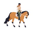 Horseback rider. Woman riding horse. Female equestrian on stallion back. Equine stroll, walk, horseriding hobby. Girl