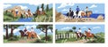 Horseback riders in nature set. People riding horse, stallion backs. Landscapes with men, women in helmets during
