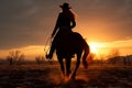 A horseback riding cowgirls silhouette against the twilight sky