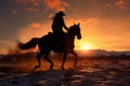 A horseback riding cowgirls silhouette against the twilight sky