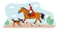 A horseback riding. Illustration of a jockey riding a horse, nearby running dogs, on a background of sky and leaves Royalty Free Stock Photo