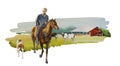 Horseback shepherd riding brown horse, with his dog take a look for a cows on agricultural watercolor landscape with red barn Royalty Free Stock Photo