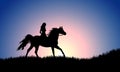 Girl silhouette skipping on a horse at sunset Royalty Free Stock Photo