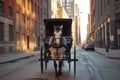 horsedrawn carriage advancing towards camera in urban setting