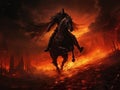 Black horseman of the apocalypse with sword riding black horse AI