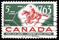 Horseman and map, Bicentenary of Quebec-Trois Rivieres-Montreal Postal Service serie, circa 1963 Royalty Free Stock Photo