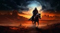 Horseman sitting on a horse in front of a beautiful sunset background with canyons, poster. Royalty Free Stock Photo