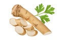 Horseradish root with slices and parsley isolated on white background. Top view. Flat lay Royalty Free Stock Photo