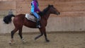 Horserider is exercising indoor