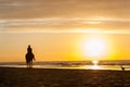 Horseriding at the beach on sunset background. Multicolored outdoors image.