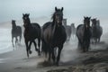 Horses on the beach in the mist at sunrise. generative ai Royalty Free Stock Photo