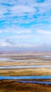 Horses and Blue sky white clouds Frozen river Yellow grass in Bayanbulak in Spring