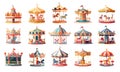 Horses carousels attractions cartoon style vector set. Circus equipment entertainment elements illustrations isolated on Royalty Free Stock Photo