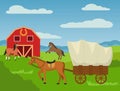 Horses at country animal ranch farm, horse harnessed to cart wagon vector illustration. Royalty Free Stock Photo