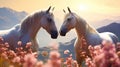 Horses couple graze on mountains flowers field, sunlight background. loving horse couple kissing on among blooming meadow, love of