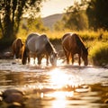 horses drinking water from a river Royalty Free Stock Photo