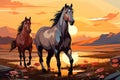 Horses in the field at sunset cartoon style vector illustration Royalty Free Stock Photo