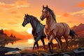 Horses in the field at sunset cartoon style vector illustration Royalty Free Stock Photo