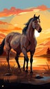 Horses in the field at sunset cartoon style vector illustration Royalty Free Stock Photo