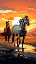 Horses in the field at sunset cartoon style vector illustration Royalty Free Stock Photo