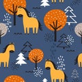 Horses, fir trees and trees, decorative cute background. Colorful seamless pattern with animals Royalty Free Stock Photo