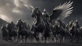 horses in the fog Dark pegasus dragon demon king leading his army Royalty Free Stock Photo