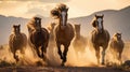 Horses free run on desert storm against sunset sky. Neural network AI generated Royalty Free Stock Photo