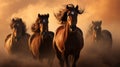 Horses free run on desert storm against sunset sky. Neural network AI generated Royalty Free Stock Photo