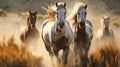 Horses free run on desert storm against sunset sky. Neural network AI generated Royalty Free Stock Photo