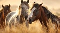 Horses free run on desert storm against sunset sky. Neural network AI generated Royalty Free Stock Photo