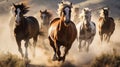 Horses free run on desert storm against sunset sky. Neural network AI generated Royalty Free Stock Photo