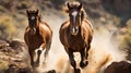 Horses free run on desert storm against sunset sky. Neural network AI generated Royalty Free Stock Photo