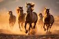 Horses galloping across the savannah. Photographic background, wild nature, African landscape. AI generative Royalty Free Stock Photo