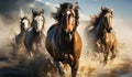 Horses galloping in splashing water. AI generated