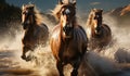 Horses galloping in splashing water. AI generated