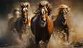 Horses galloping in splashing water. AI generated