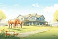 horses grazing in front of the ranch house, magazine style illustration