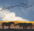 Horses grazing in a meadow and flying geese