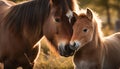 Horses grazing in meadow at sunset together generated by AI Royalty Free Stock Photo