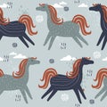 Colorful seamless pattern with horses, clouds. Decorative cute background with funny animals, sky Royalty Free Stock Photo