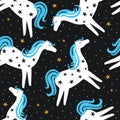 Colorful seamless pattern with horses, stars. Decorative cute background with animals, night sky Royalty Free Stock Photo