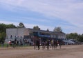 horses harnessed to a cart with a rider run at the racetrack for sports competitions in horse