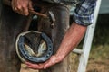 Horses hoof being shoed by farrier/blacksmith