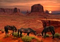 Horses At John Ford`s Point Overlook In Monument Valley Tribal Park, Arizona USA